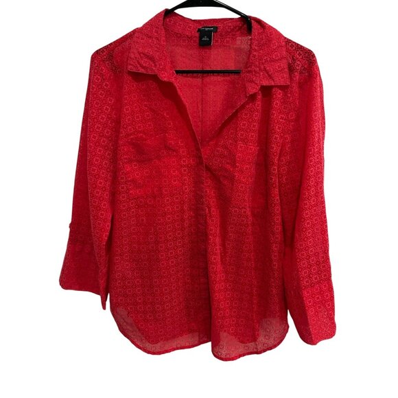 Ann Taylor Red Patterned Sz 12 Sheer Button-Down Blouse  3/4 Sleeve Lightweight - Picture 1 of 9